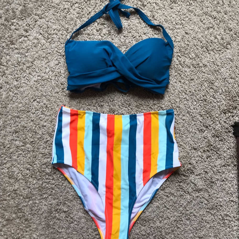 Cupshe High-Waisted Solid Blue & Summer Stripe
